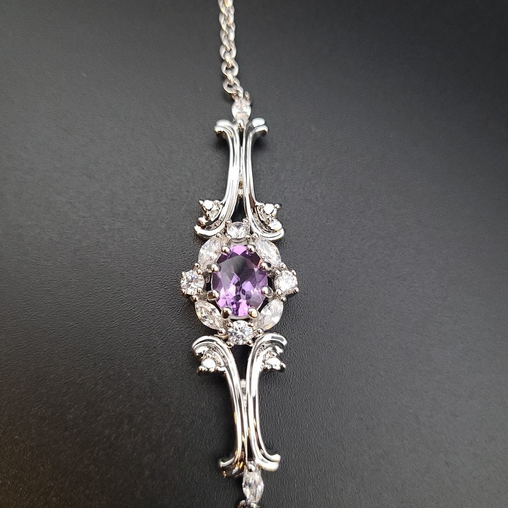 Amethyst Purple Stone Filigree Bracelet Silver Tone